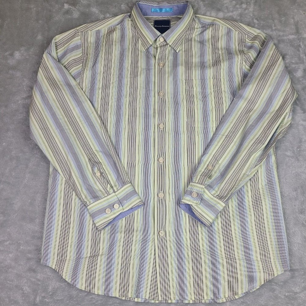 Men’s Tommy Bahama Blue And Yellow Striped Long Sleeve Dress Shirt Size‎ Large